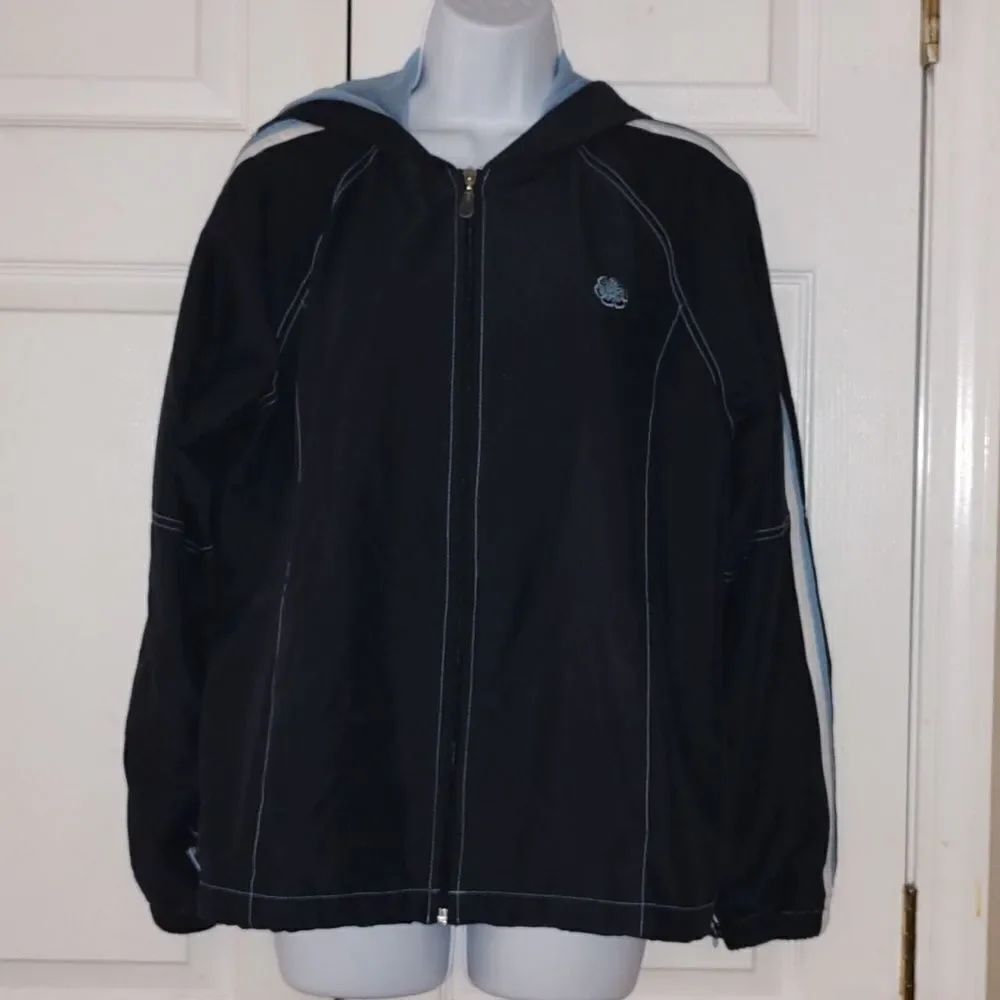 GreenTea navy white light blue lightweight hooded jacket  Sz L  EUC